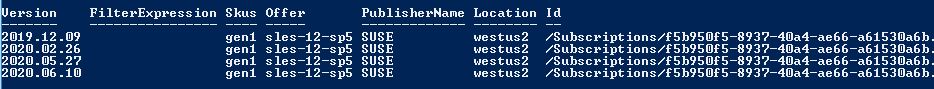 # set SKU as a variable
$skuName="gen1"

 Get-AzureRMVMImage -Location $location -PublisherName $publisher -Offer $offer -Skus $skuName